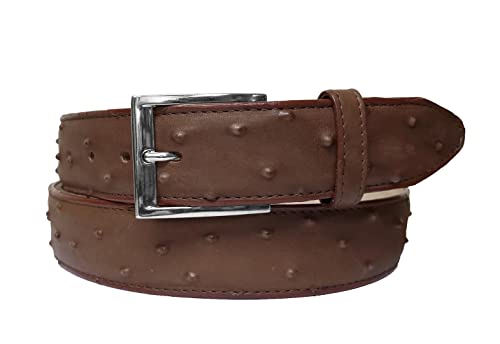 El Presidente Mens Brown Ostrich Quill Print Leather Western Cowboy Belt Silver Buckle