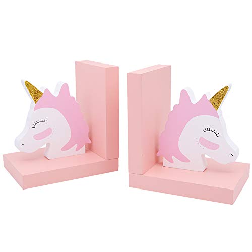 Organizador de sujetalibros de madera con diseño de unicornio, color rosa