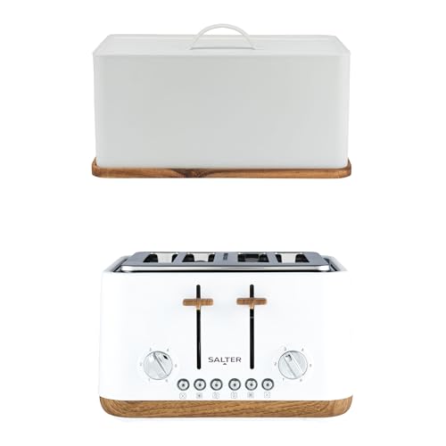 Salter Toronto Toaster & Bread Bin Set – 4-Slice Toaster with 6 Browning Levels, Cancel, Reheat & Defrost, Large Bread Bin with Chopping Board, Wooden Base for Chopping/Serving, White, COMBO-9538