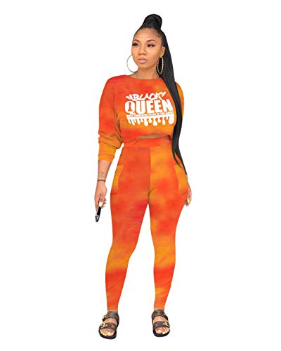 Womens Tie Dye Letter Print Long Sleeve 2 Piece Outfits Crop Top and Pants Set Sweatsuits Orange S