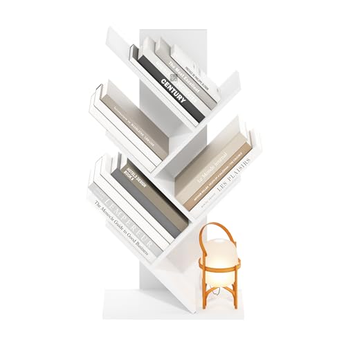 Image of Furinno Tree Book Shelf, 5-Tier Bookshelf with Angled Open Shelf, Tree Bookcase for Room Decor, 8.4 x 15.7 x 30.3, for Organization and Storage, for Living Room, Bedroom, Home Office, White