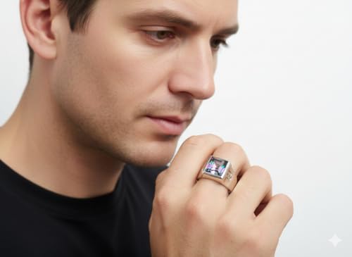 Image of Choose Your Color Mens Bold Ring 925 Sterling Silver Gemstone Wedding Engagement Statement Ring Birthstone Solitaire Jewellery Ring Sizes 4, 5, 6, 7, 8, 9, 10, 11, 12, 13,
