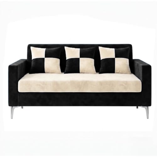Image of FURNY Lushwood 3 Seater + 1 Seater + 1 Seater Sofa Set (Cream-Black) | Premium Suede Velvet Fabric Finish | Silver Metal Legs | Durable Comfort Sofa for Modern Living Room & Office Spaces