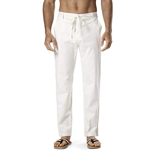 Men's Drawstring Linen Pant Elastic Waist Relaxed-Fit Casual Beach Trousers