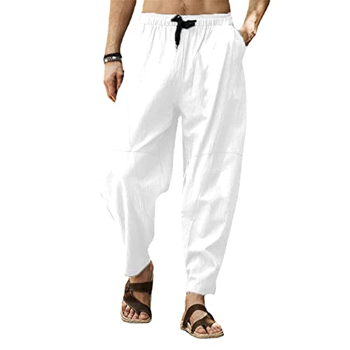 Men's Cotton Linen Harem Pants Casual Drawstring Elastic Waist Beach Pants Loose Yoga Pants White