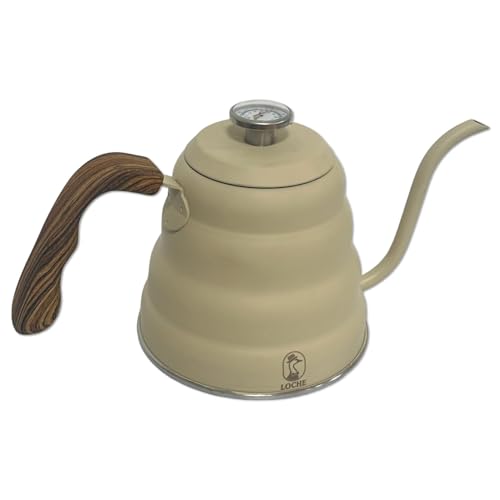 Chaleira Pescoço de Ganso com Termômetro, Bege, 1200 ml, Cabo Silicone Madeira Natural, Aço Inox, Bico Fino, Para Fogão a Gás, Indução, Elétrico ou Cerámico, Barista, Bule, Bico de Ganso. Loche