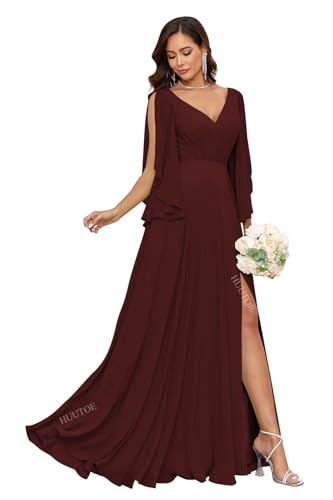 Flowy Chiffon Mother of Bride Dresses for Wedding V Neck Long Formal Dresses for Women Wedding Guest with Slit
