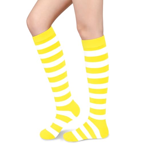 Sarfel Yellow and White Striped Socks Knee High Yellow Striped Socks Long Sock Lemon Costume Adult Lemon Accessories for Women