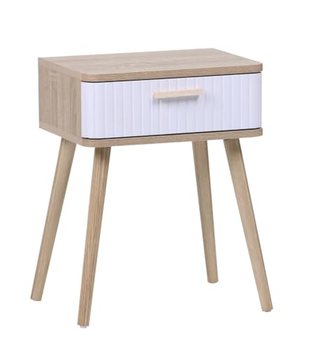 Home Heavenly® Mesita de Noche Talía – Estilo Escandinavo, Cajón Decorativo con Líneas, Patas Madera Roble, Diseño Compacto, 40x30x52 cm, Ideal Dormitorio o Mesa Auxiliar (Blanco/Roble)