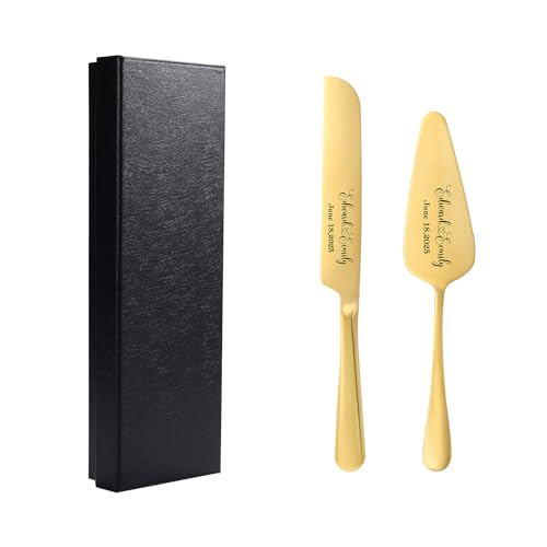 VISENSHO Personalized Wedding Cake Knife and Server Set, Custom Engraved with Name & Date, Stainless Steel Cake Cutter Gift for Wedding Anniversary (Gold)