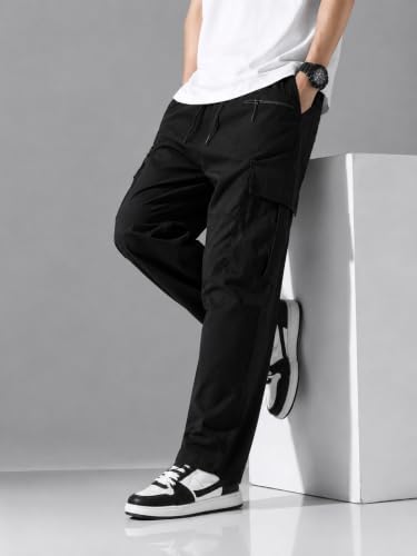Image of Cargo Cotton Pants for Men's| Relaxed Fit Cargo Trousers| Multi Pocket Casual Streetwear Bottom| Drawstring Elastic Waistband Utility Pants for Men| Comfortable Lower for Men