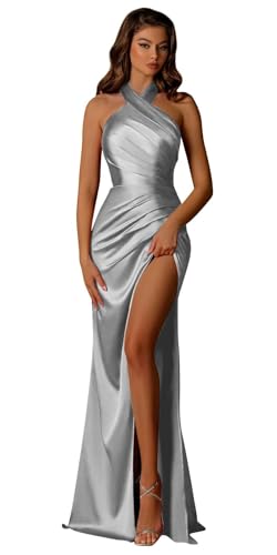 Image of Halter Satin Bridesmaid Dresses Long with Slit for Women Mermaid Prom Dress Pleated Formal Gown Evening Dress