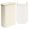 StorageWorks 60L Slim Laundry Hamper with Lid, Narrow Laundry Basket with Bamboo Handles and Inner Bag, Skinny Clothes Hamper for Laundry Room, Bathroom, Dorms, Conner, Beige
