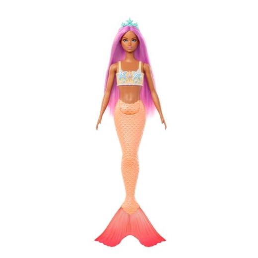 Barbie Muñeca Sirena con Cabello de fantasía Rosa y Diadema, Juguete con corpiño con Estrellas de mar y Cola de Color Naranja Pastel - para niños y niñas + 3 años, HRR05