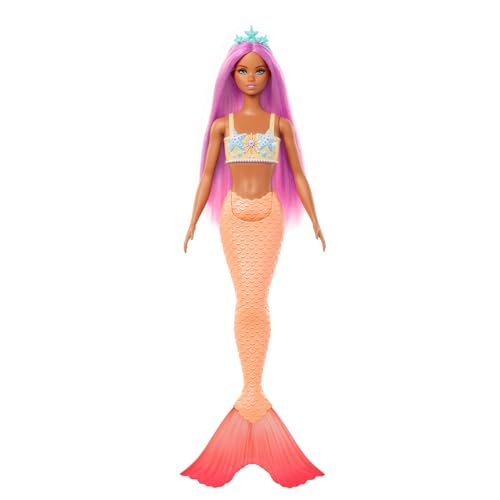 Barbie Boneca sereia com cabelo de fantasia rosa e bandana, brinquedo com corpete com estrelas do mar e de cor laranja pastel - para meninos e meninas + 3 anos, HRR05