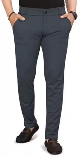 Image of Men's Slim Fit Formal Trousers with Mid-Rise Waist and Lycra Blend | Solid Pattern and Button Closure | Ideal for Office, Business, and Everyday Wear
