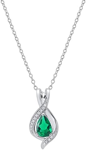 Dazzlingrock Collection 9x6 mm Pear Lab Created Emerald & Round White Diamond Swirl Teardrop Pendant with 18 inch Silver Chain for Women in 14K White Gold