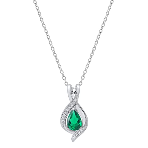 Dazzlingrock Collection 9X6 Mm Pear Lab Created Emerald & Round White Diamond Swirl Teardrop Pendant With 18 Inch Silver Chain For Women In 14K White Gold #TOP15