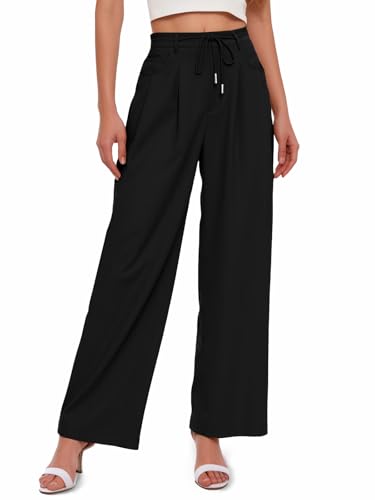 Cicy Bell Womens Wide Leg Dress Pants Elastic High Waist Pleated Work Pants Business Casual Trousers Black