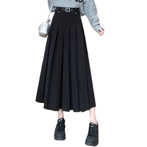 Faldas de lana casuales para mujer, cintura alta, plisadas, con cinturón largo, falda acampanada para oficina, Negro, 48