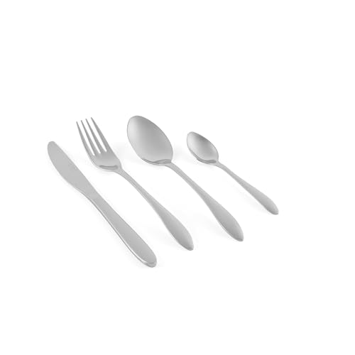 Il set contiene quattro forchette, quattro coltelli, quattro cucchiaini da dessert e quattro cucchiaini da tè, perfetti per cene e pranzi in famiglia.