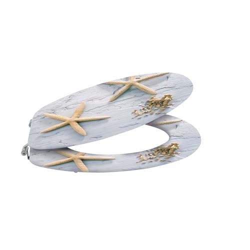 MSV - Abattant WC Motif Étoile de Mer - MDF/Acier Inoxydable - 42,5 x 36,5 x 1,6 cm - Fixation Robuste - Design Décoratif pour Salle de Bain - Facile à Nettoyer