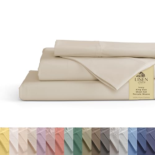 Image of Linen Home 100% Cotton Percale Sheets King Size, Ivory, Deep Pocket, 4 Pieces Set - 1 Flat, 1 Deep Pocket Fitted Sheet and 2 Pillowcases, Crisp Cool and Strong Bed Linen
