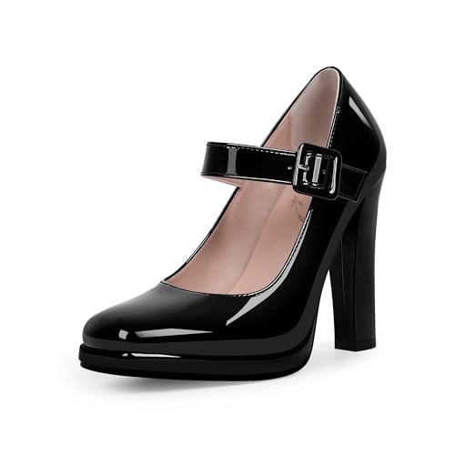Women's Block High Heel Platform Mary Janes Shoes Buckle Strappy Square Toe Dress Pumps