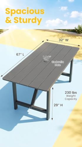 Image of 67'' HDPE Outdoor Dining Table for 6 Rectangular Patio Table for Yard Deck | Dining Table with Umbrella Hole Large Space for 4-6 All-Weather Resistant Heavy Duty Rust-proof Outdoor Indoor Use