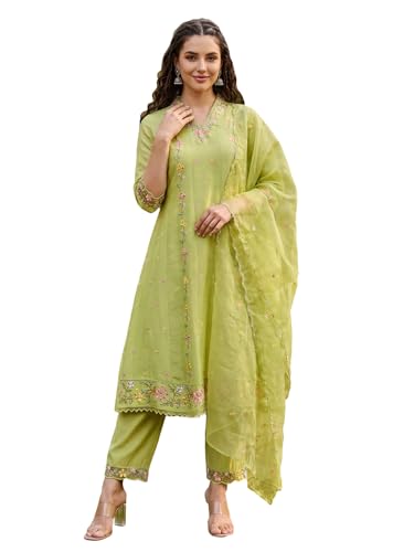 Image of INDO ERA Women's Silk Blend Floral Embroidered Thread Work Kurta & Pant with Dupatta Set
