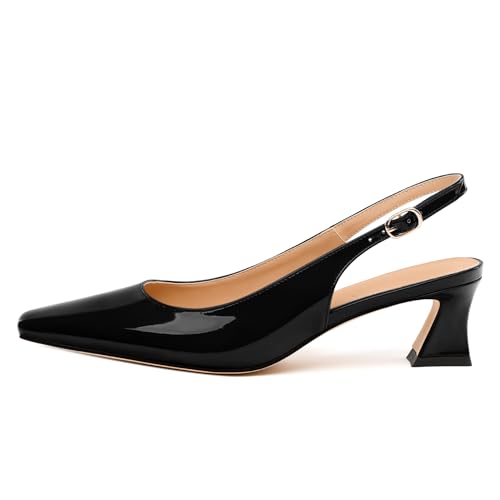 Womens Slingbacks, Small Square Toe Mid Block Heel Slingback Pumps for Women, Leather Insole Pumps Shoes Buckle Closure 2"2