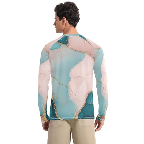 Marble Teal Blush Men's Rash Guard Shirts Breathable Loose Men's Sun Shirt Long Sleeve Running2