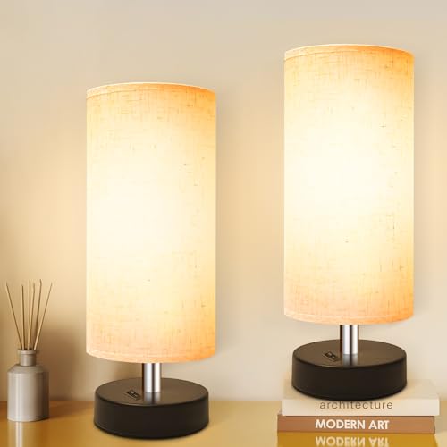 Image of DEGNJU Bedside Table Lamp, Mini Minimalist, Flaxen Fabric Shade, 2 Pack | 11.8 Inch, Round Shade, For Bedroom Night Stands, Desk Reading Lamp, Dorm Living Office Room