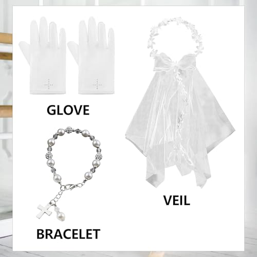 3 Pcs First Communion Veil Set-First Communion Veil Wedding Hair Accessories for Girls White Floral Wreath Lace Veil Flower Crown Charm Cross Bracelet Gloves for Catholic Party Celebrations Weddings4