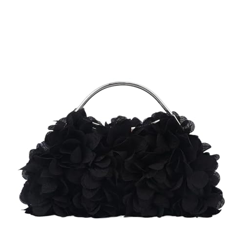 Bolso de mano de flores con cadena floral para novia, bolso de mano para mujer, pétalo, fiesta de noche, bolso de mano para vestido de boda, Black, Talla única