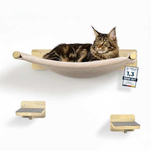 WOOWOOD® Kletterwand Katzen - 2X Katzentreppe Wand [Vollholz] - Kratzbaum Wand - Hängematte Katze - Wandkratzbaum - Katzenmöbel - Katzenwand -...