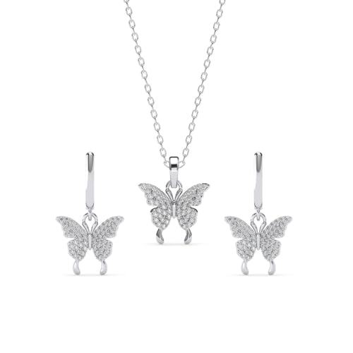 Image of Clara 925 Sterling Silver Fia Butterfly Pendant Earrings Chain Bracelet Anklet Ring Jewellery Set for Women & Girls| Platinum Plated | Gift for her