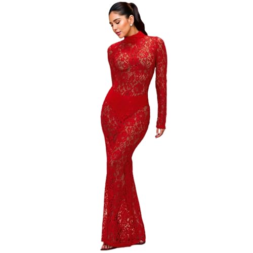 ZGMYC Women's Elegant Floral Lace Maxi Dress Sexy See Through Long Sleeve Evening Dress Party Cocktail Dress Beach Cover Ups