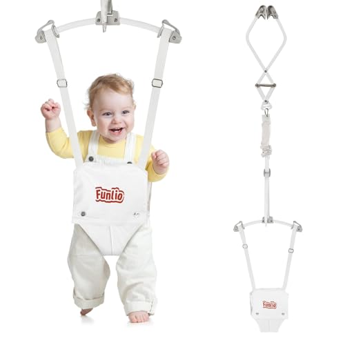 Image of FUNLIO Baby Door Jumper for 6-24 Months (with Door Clamp), Bearing 40 Lbs, Baby Jumper Doorway with Strong Spring & Adjustable Strap, Portable Infant Baby Bouncer, CPC & CE Certified - White