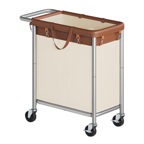 SONGMICS Laundry Basket with Wheels, 2-Section Rolling Laundry Hamper, 37 Gallons (140 L), Removable Liner, Steel Frame with Handle, 27.2 x 15.4 x 31.9 Inches, Coffee Brown and Cream White U