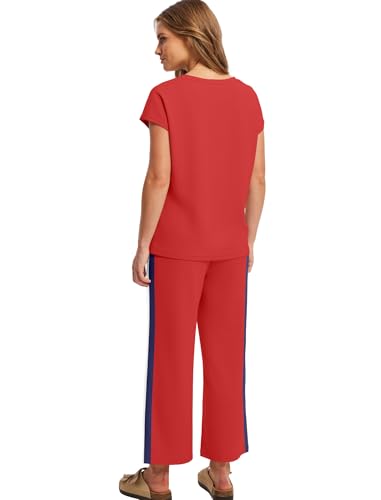 Image of Saloogoe Two Piece Sets for Women Summer Outfits Lounge Sets V Neck Tops Wide Leg Pants Woman Vacation Travel Outfits