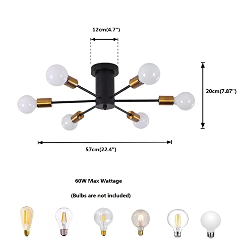 Lustre industriel noir mat 6 bras plafonnier design géométrique