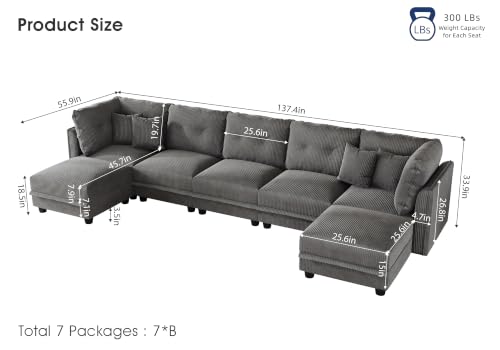 Image of LLappuil Modular Sectional Sofa with Storage, U-Shaped 7-Seat Corduroy Couch with 7 Throw Pillows, Pet-Friendly Convertible Sofa for Living Room & Apartment, Skin-Friendly, Grey