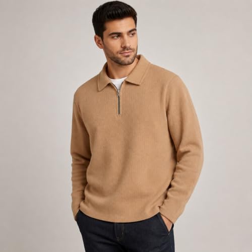 Image of Men's Beige Textured Quarter Zip Polo T-Shirt