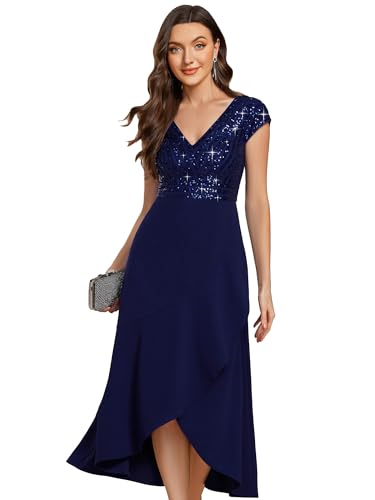 Image of Ever-Pretty Women's Elegant V Neck Sequin Short Sleeve Hi-Lo Tea Length Evening Gowns 02325