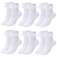 Fjquamitix Girls Frilly Lace Ankle Socks Pack of 6 White, Soft Cotton Dress Socks with Delicate Lace Edging, Perfect for Uniforms, Parties Everyday Wear. (UK, Age, 5 Years, 7 Years, Regular, White)