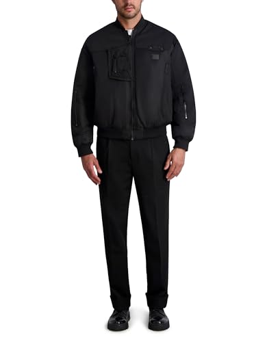 KARL LAGERFELD Men's All Over Patches Long Sleeve Solid Bomber Jacket