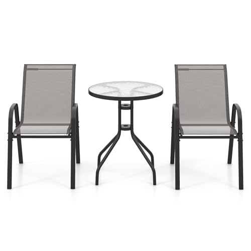 KOMFOTTEU Juego de Bistró de Tejido Textileno, Conjunto de Jardín de 3 Piezas con 2 Sillas Textilene y 1 Mesa de Cristal, Juego de Conversación para Balcón, Terreza, Patio (Gris)