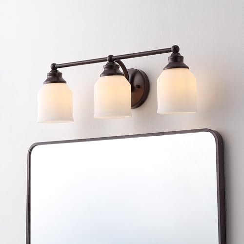 Image of JONATHAN Y 24 inch Oil Rubbed Bronze /White Modern Farmhouse LED Vanity Light Wall Sconce Fixture, Frosted White Glass Shade, Dimmable Wall Lamp for Bathroom Mirror Kitchen Sink, UL Listed (JYL7551C)