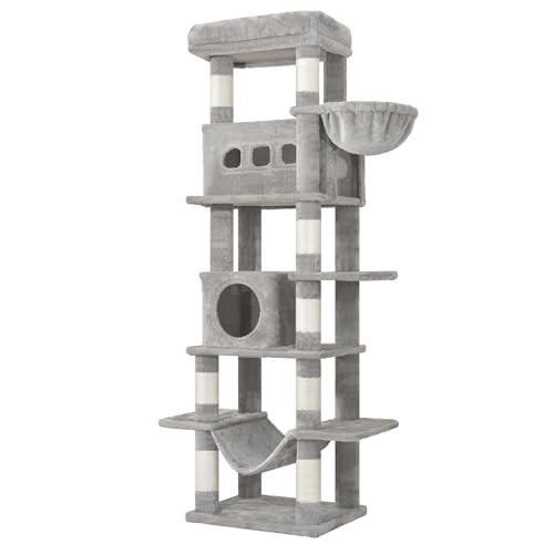 Hzuaneri Albero per Gatti, tiragraffi per gatti adulti 170 cm, giochi per gatti, Lavabile, trespolo per gattis con 2 Grotte, 8 Tiragraffi, Cestini, Amaca, Pompon, Grigio Chiaro MS17018LG